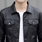 Men's black slim faux leather shirt jacket, shirt collar detail