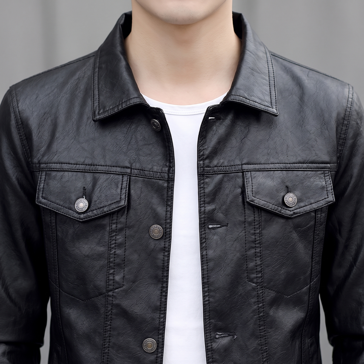 Men's black slim faux leather shirt jacket, shirt collar detail