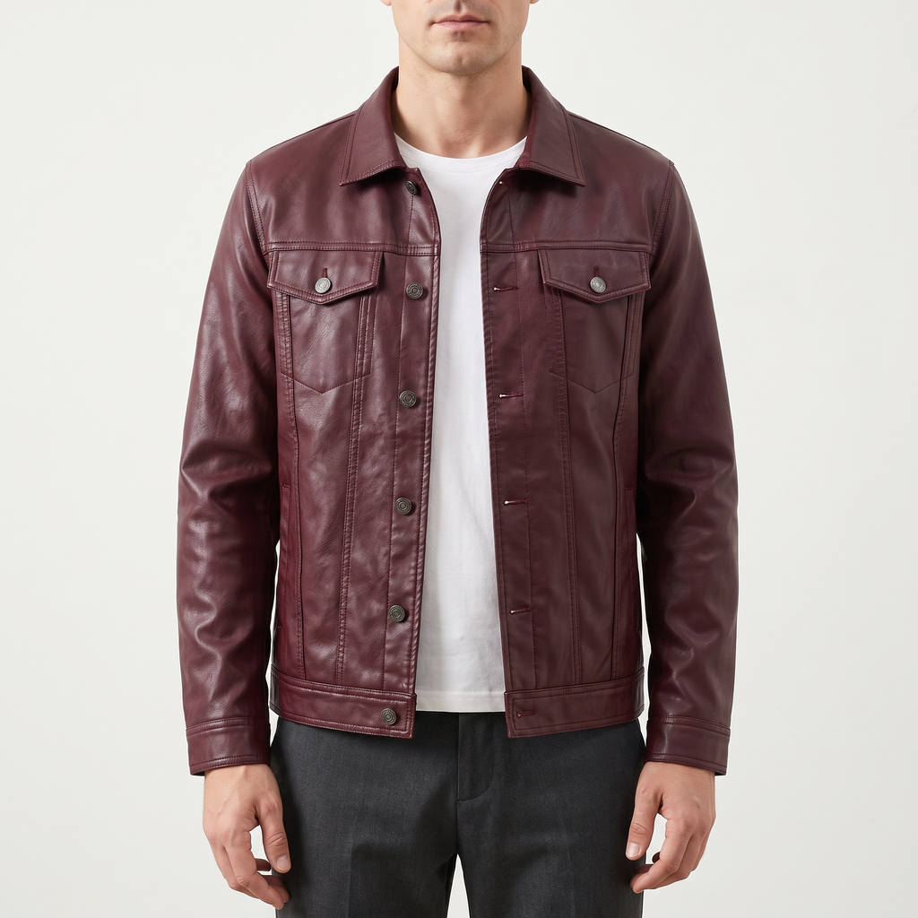 Men's burgundy slim faux leather shirt jacket, studio front view