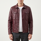 Men's burgundy slim faux leather shirt jacket, studio front view