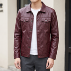 Men's burgundy slim faux leather shirt jacket, street lifestyle view