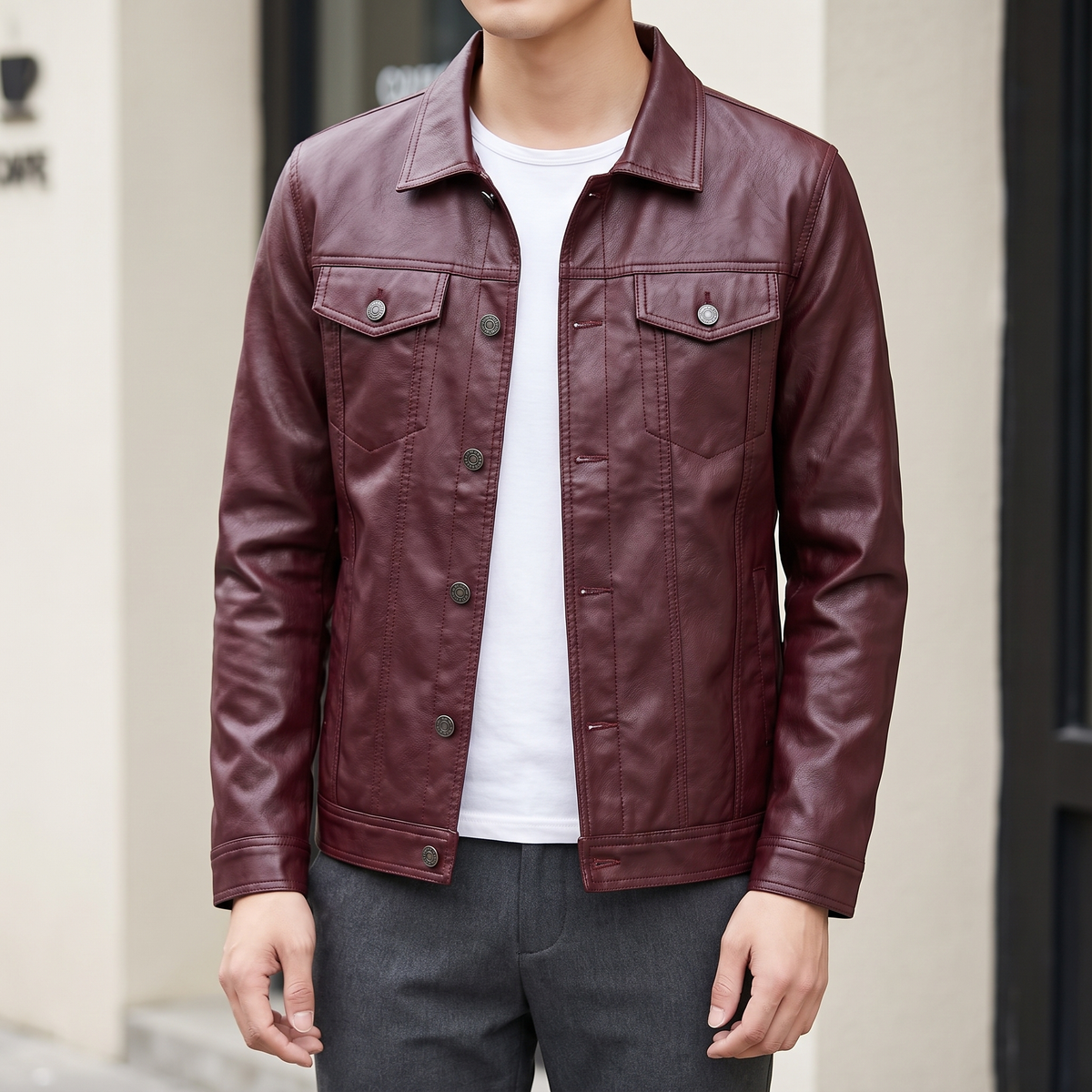 Men's burgundy slim faux leather shirt jacket, street lifestyle view
