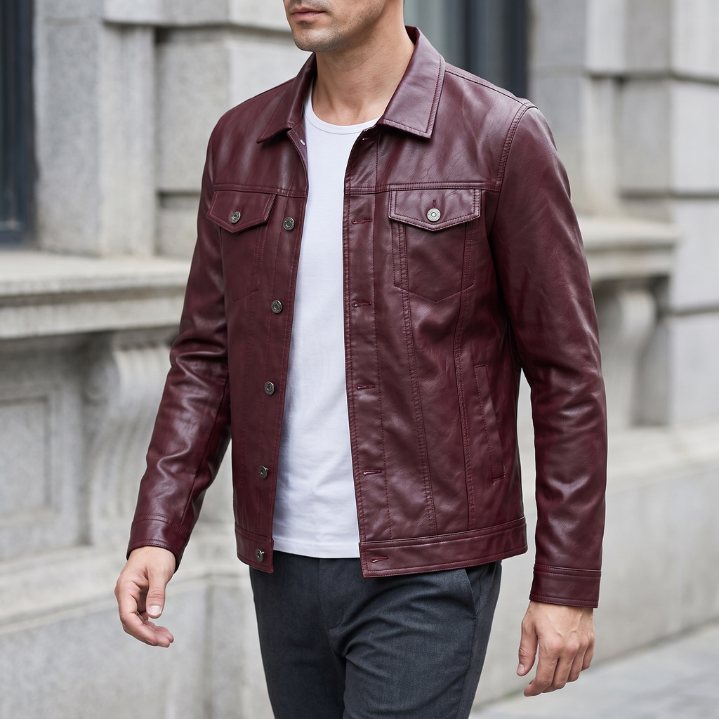 Men's burgundy slim faux leather shirt jacket, three-quarter lifestyle view