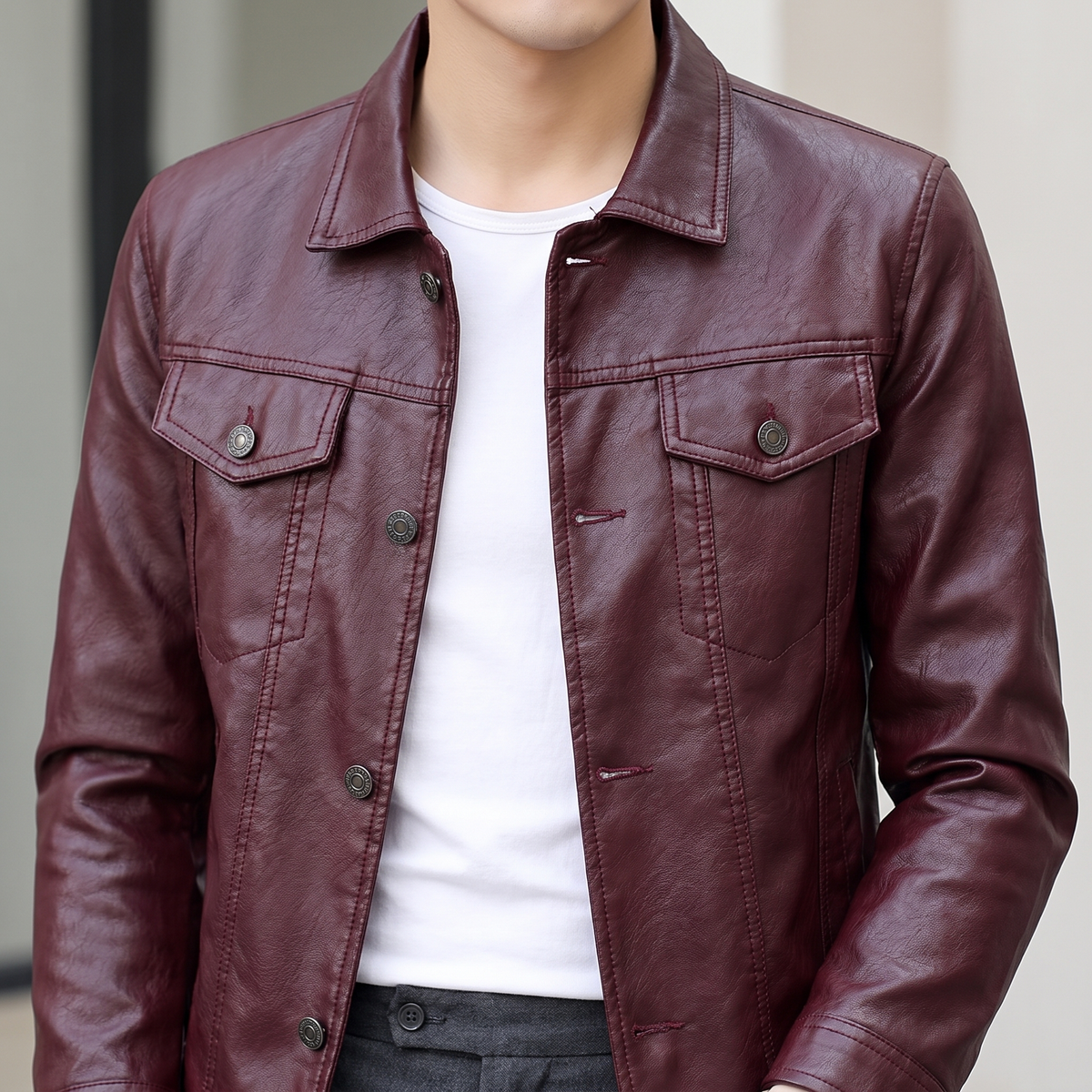 Men's burgundy slim faux leather shirt jacket, shirt collar detail