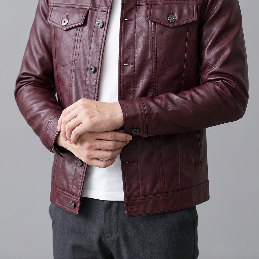 Men's burgundy slim faux leather shirt jacket, button cuff detail