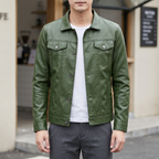 Men's grass green slim faux leather shirt jacket, street lifestyle view
