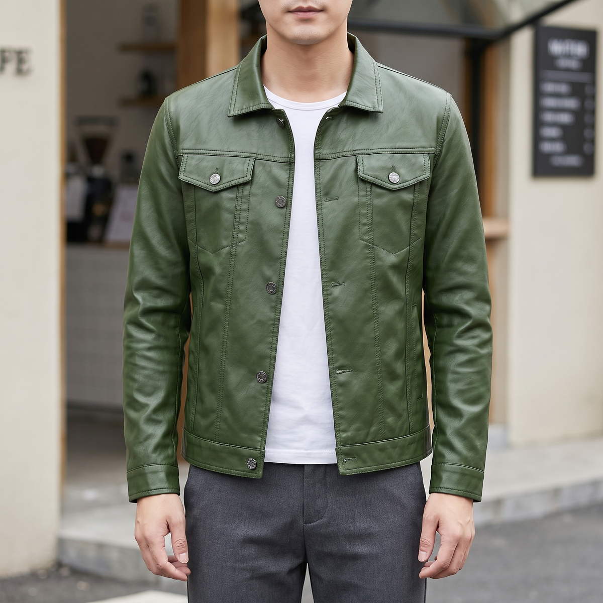 Men's grass green slim faux leather shirt jacket, street lifestyle view