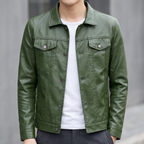 Men's grass green slim faux leather shirt jacket, shirt collar detail