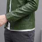 Men's grass green slim faux leather shirt jacket, button cuff detail