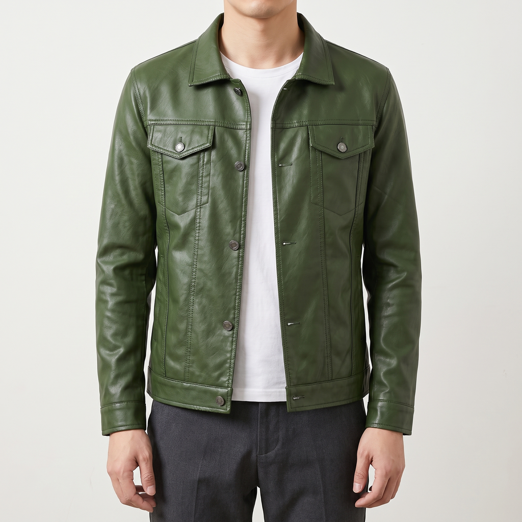 Men's grass green slim faux leather shirt jacket, studio front view