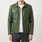 Men's grass green slim faux leather shirt jacket, studio front view