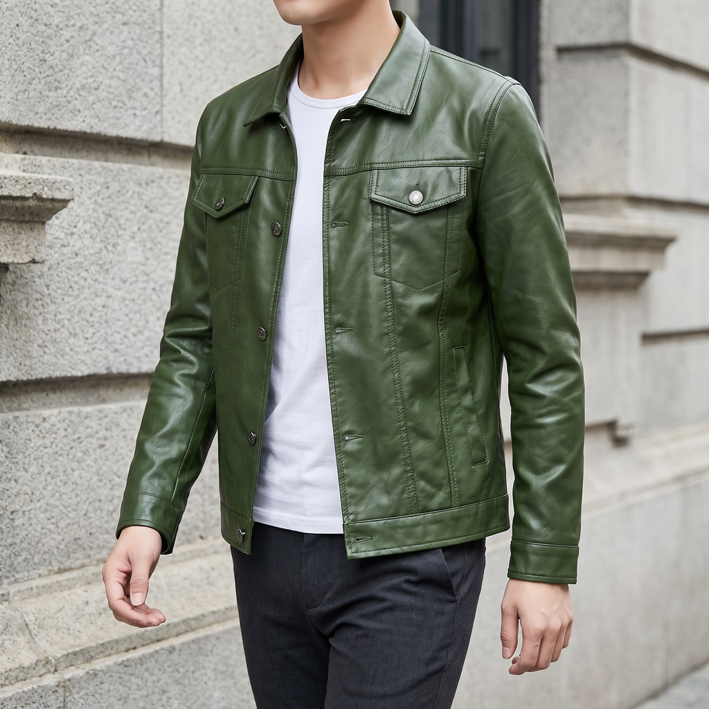 Men's grass green slim faux leather shirt jacket, three-quarter lifestyle view