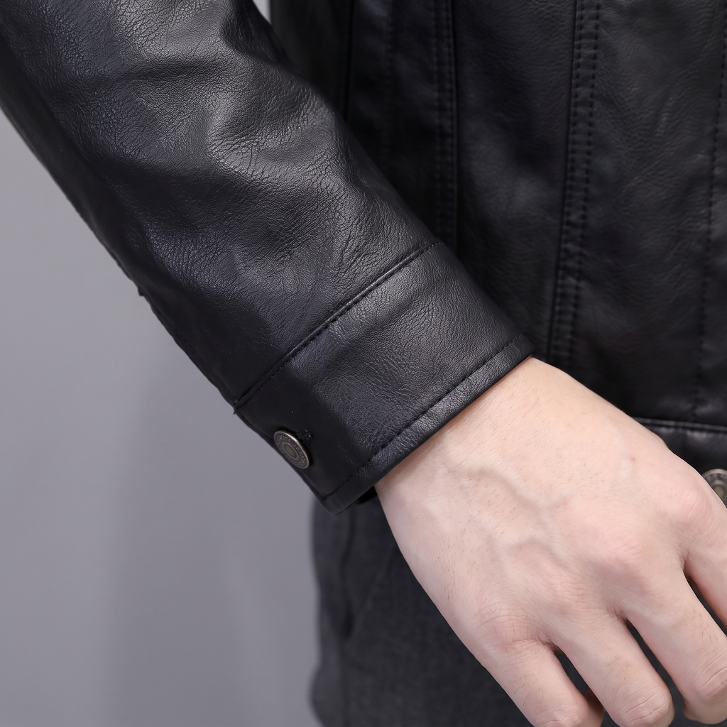 Men's black slim faux leather shirt jacket, button cuff detail