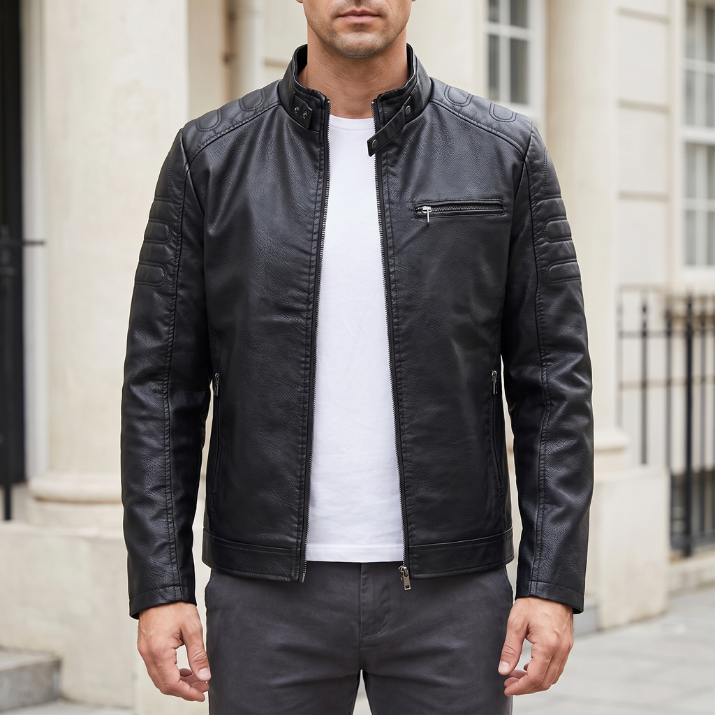 Men's Slim Faux Leather Racer Jacket with Stitched Shoulders in Black — front lifestyle