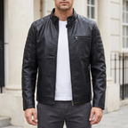 Men's Slim Faux Leather Racer Jacket with Stitched Shoulders in Black — front lifestyle
