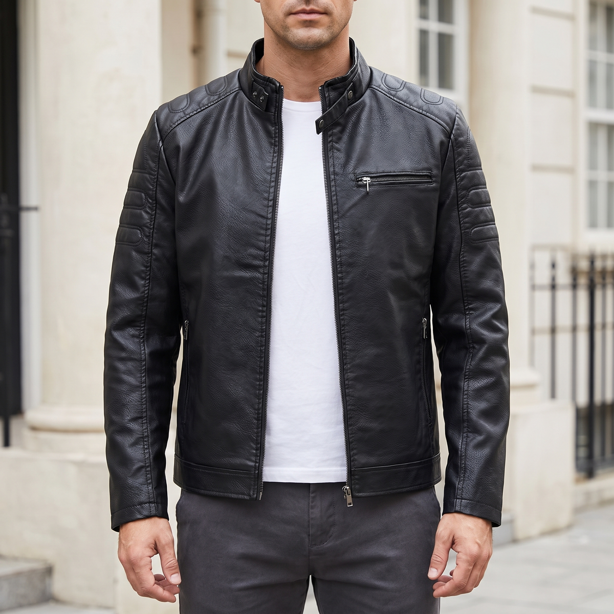Men's Slim Faux Leather Racer Jacket with Stitched Shoulders in Black — front lifestyle