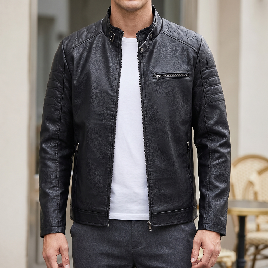 Men's Slim Faux Leather Racer Jacket with Stitched Shoulders in Black — courtyard lifestyle