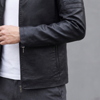 Men's Slim Faux Leather Racer Jacket with Stitched Shoulders in Black — zip cuff detail