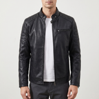 Men's Slim Faux Leather Racer Jacket with Stitched Shoulders in Black — neutral studio front
