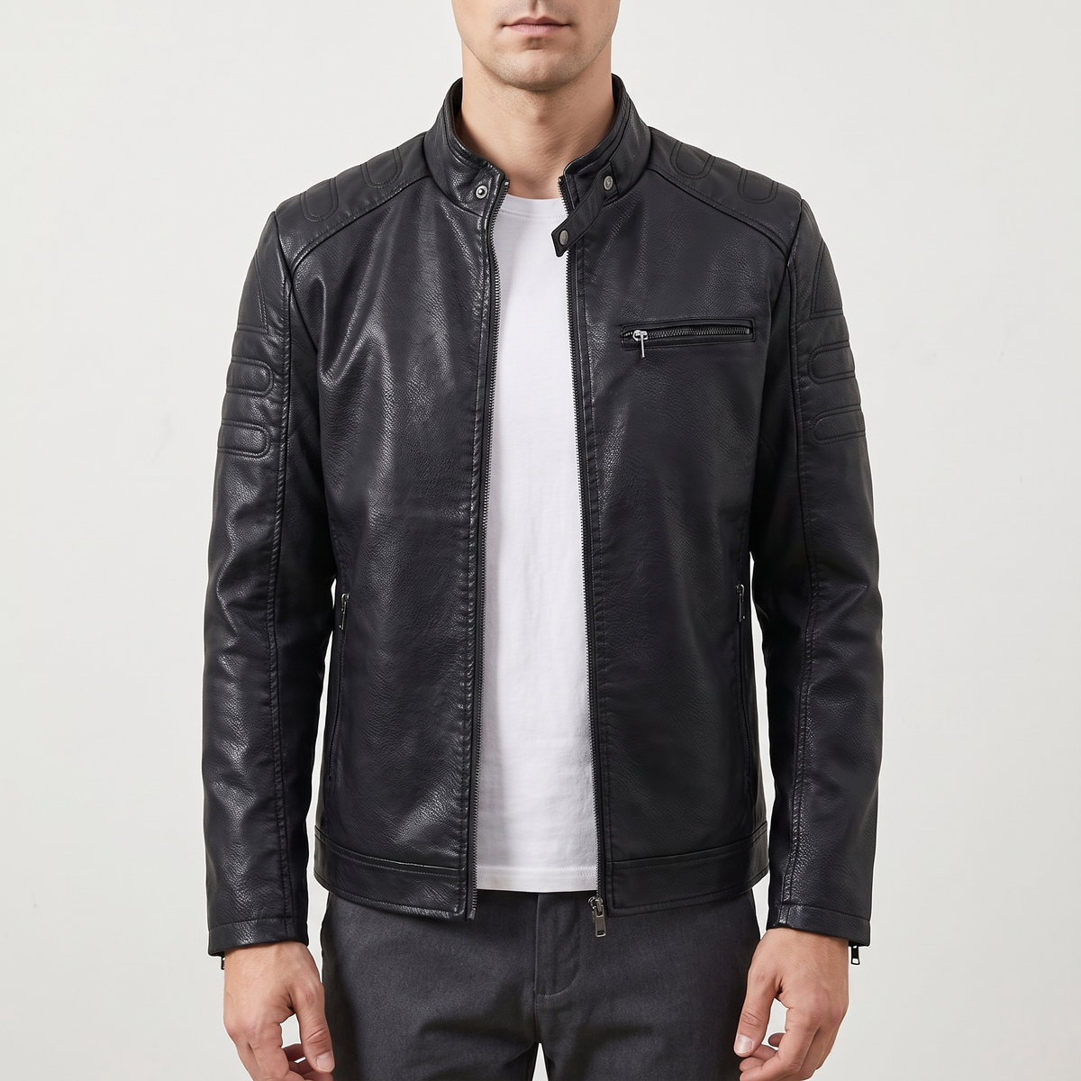 Men's Slim Faux Leather Racer Jacket with Stitched Shoulders in Black — neutral studio front