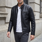 Men's Slim Faux Leather Racer Jacket with Stitched Shoulders in Black — three-quarter lifestyle