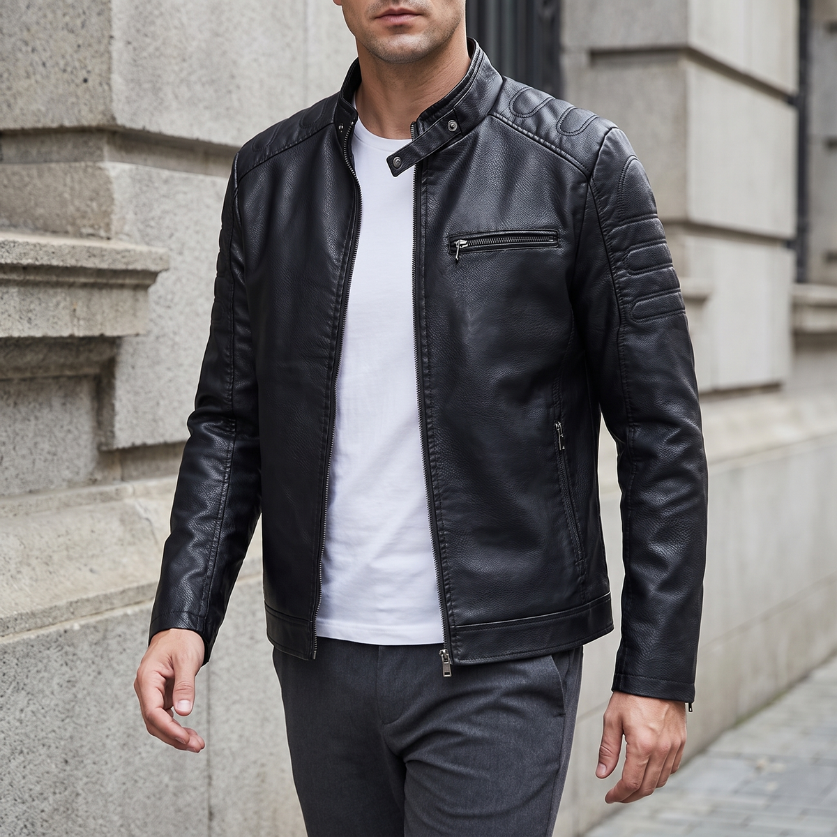 Men's Slim Faux Leather Racer Jacket with Stitched Shoulders in Black — three-quarter lifestyle
