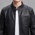 Men's Slim Faux Leather Racer Jacket with Stitched Shoulders in Black — collar detail