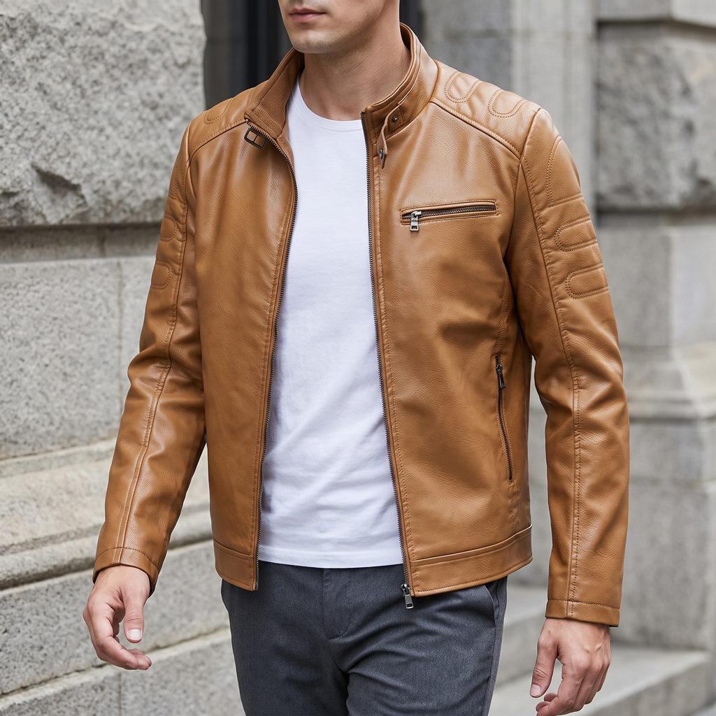 Men's Slim Faux Leather Racer Jacket with Stitched Shoulders in Camel Tan — three-quarter lifestyle