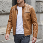 Men's Slim Faux Leather Racer Jacket with Stitched Shoulders in Camel Tan — three-quarter lifestyle