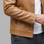 Men's Slim Faux Leather Racer Jacket with Stitched Shoulders in Camel Tan — zip cuff detail