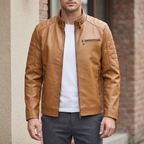 Men's Slim Faux Leather Racer Jacket with Stitched Shoulders in Camel Tan — courtyard lifestyle