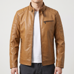 Men's Slim Faux Leather Racer Jacket with Stitched Shoulders in Camel Tan — neutral studio front