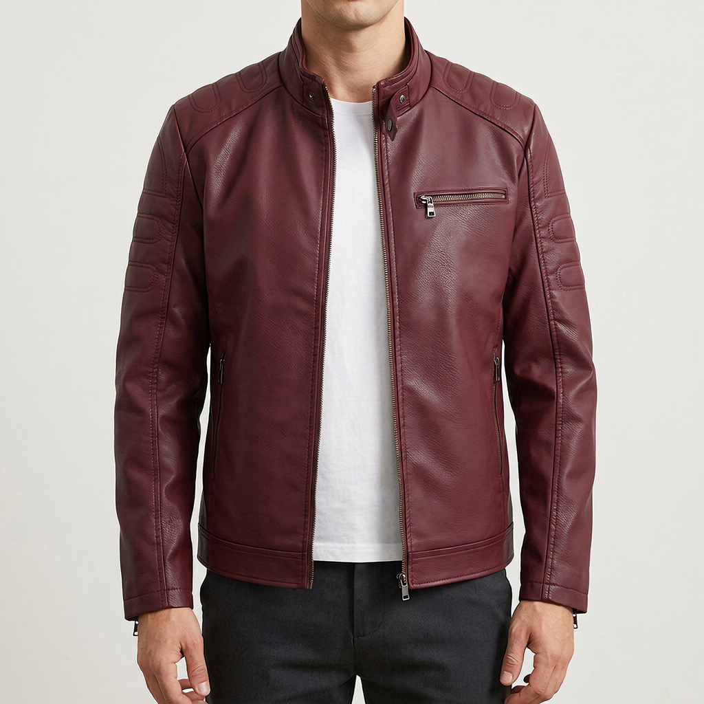 Men's Slim Faux Leather Racer Jacket with Stitched Shoulders in Burgundy — neutral studio front