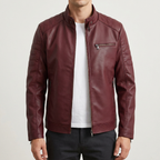 Men's Slim Faux Leather Racer Jacket with Stitched Shoulders in Burgundy — neutral studio front