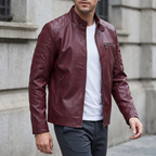 Men's Slim Faux Leather Racer Jacket with Stitched Shoulders in Burgundy — three-quarter lifestyle
