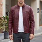 Men's Slim Faux Leather Racer Jacket with Stitched Shoulders in Burgundy — courtyard lifestyle