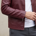 Men's Slim Faux Leather Racer Jacket with Stitched Shoulders in Burgundy — zip cuff detail