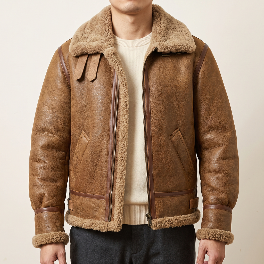Men's Sheepskin Aviator Jacket with Wool Lining in Camel Brown — neutral studio front