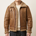 Men's Sheepskin Aviator Jacket with Wool Lining in Camel Brown — neutral studio front