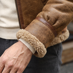 Men's Sheepskin Aviator Jacket with Wool Lining in Camel Brown — shearling cuff detail