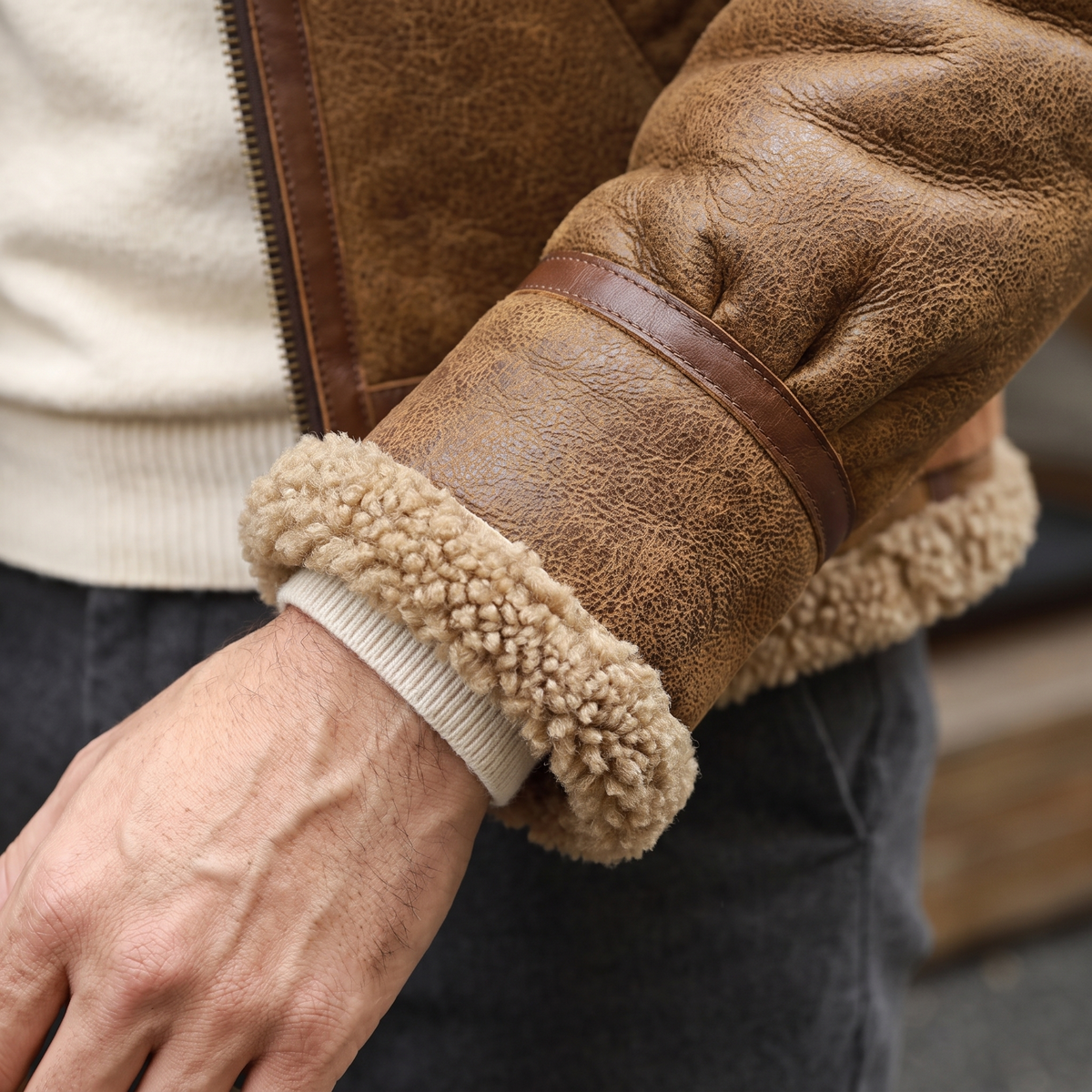 Men's Sheepskin Aviator Jacket with Wool Lining in Camel Brown — shearling cuff detail