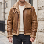 Men's Sheepskin Aviator Jacket with Wool Lining in Camel Brown — front lifestyle