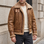 Men's Sheepskin Aviator Jacket with Wool Lining in Camel Brown — three-quarter lifestyle