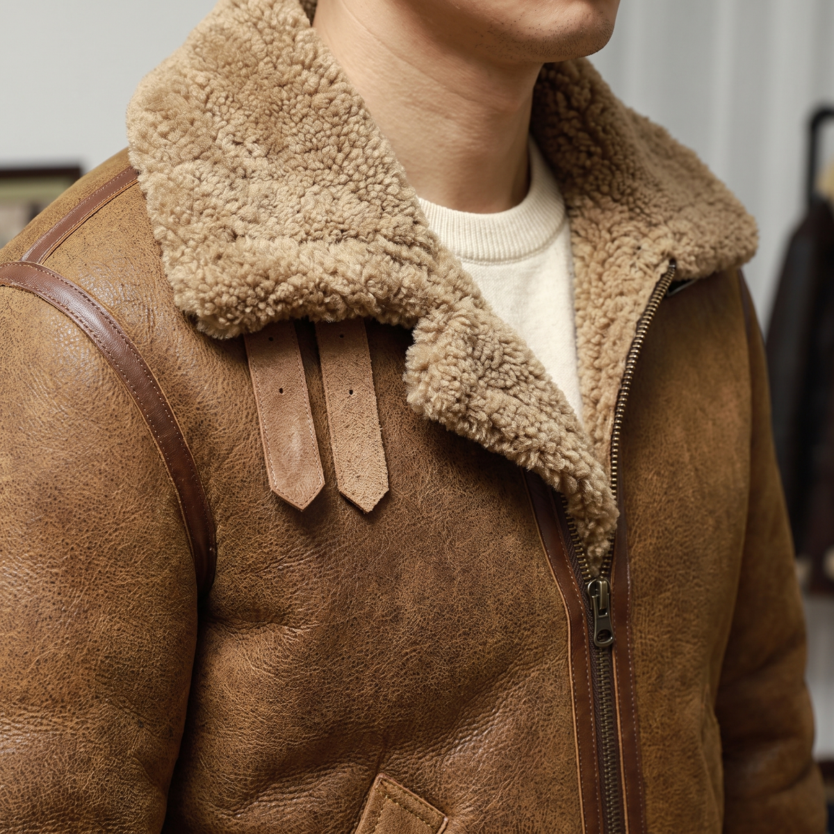 Men's Sheepskin Aviator Jacket with Wool Lining in Camel Brown — shearling collar detail