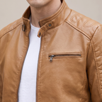 Men's Slim Faux Leather Racer Jacket with Stitched Shoulders in Camel Tan — collar detail