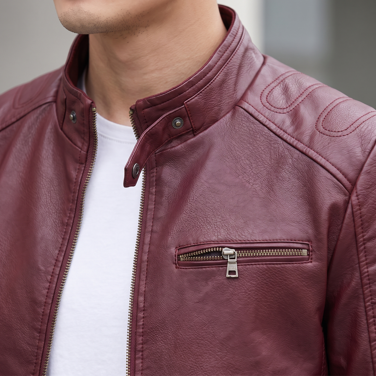 Men's Slim Faux Leather Racer Jacket with Stitched Shoulders in Burgundy — collar detail