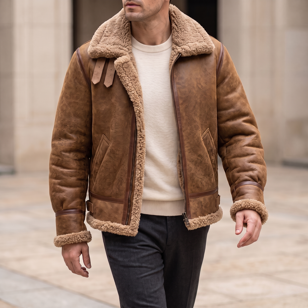 Men's Sheepskin Aviator Jacket with Wool Lining in Camel Brown — walking lifestyle