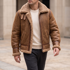 Men's Sheepskin Aviator Jacket with Wool Lining in Camel Brown — walking lifestyle