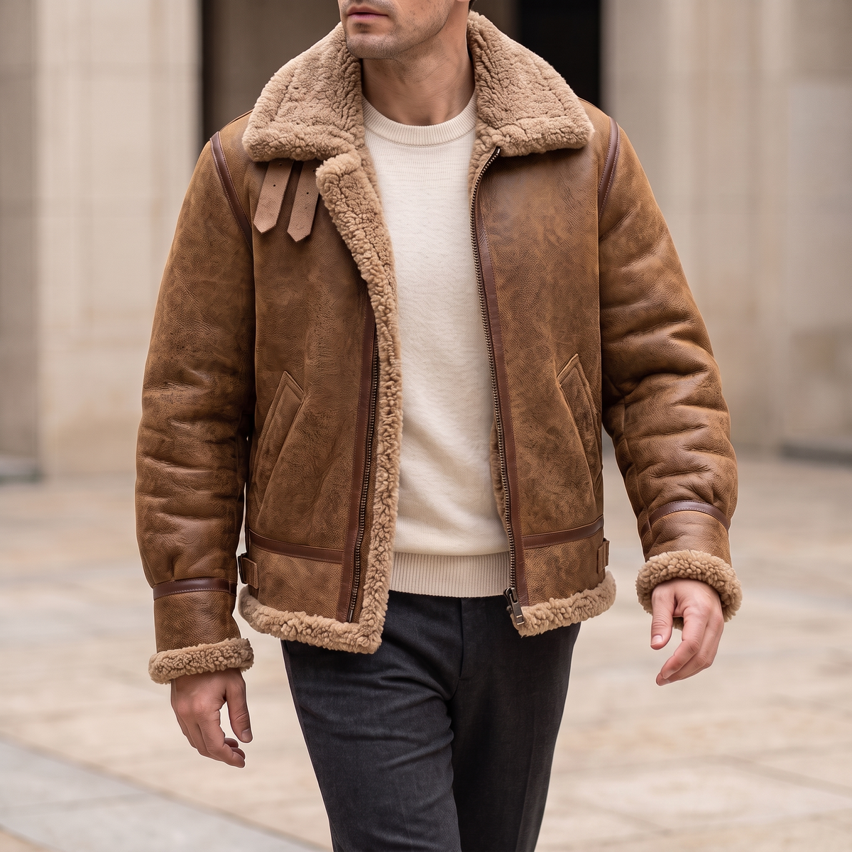 Men's Sheepskin Aviator Jacket with Wool Lining in Camel Brown — walking lifestyle