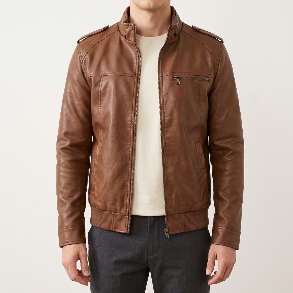 Men's brown slim faux leather bomber jacket, studio front view